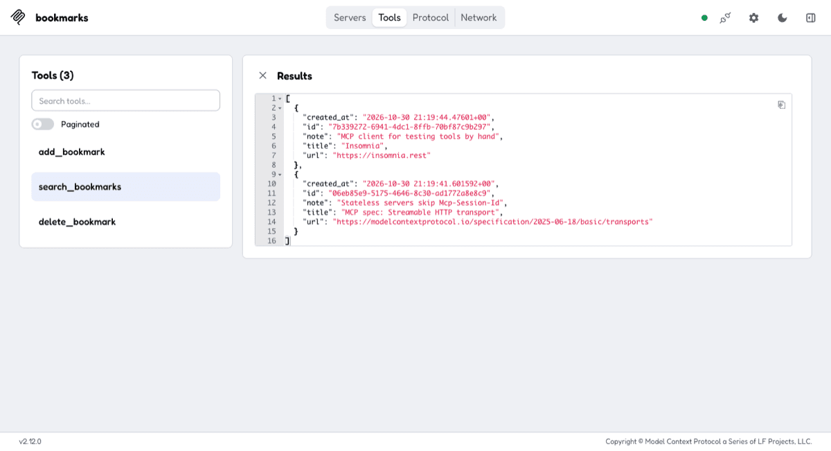 MCP Inspector 2.12.0 connected to the deployed function, showing the result of search_bookmarks with the query "mcp": two saved bookmarks as JSON