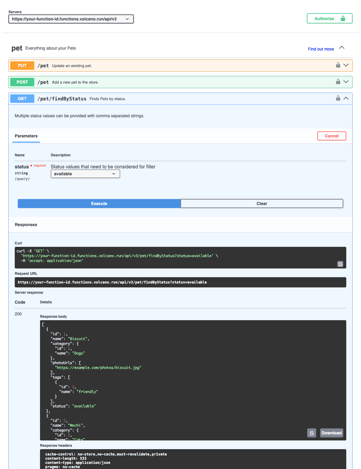 Swagger UI calling the deployed API, function host shown as a placeholder: GET /pet/findByStatus?status=available answers 200 with the seeded pets